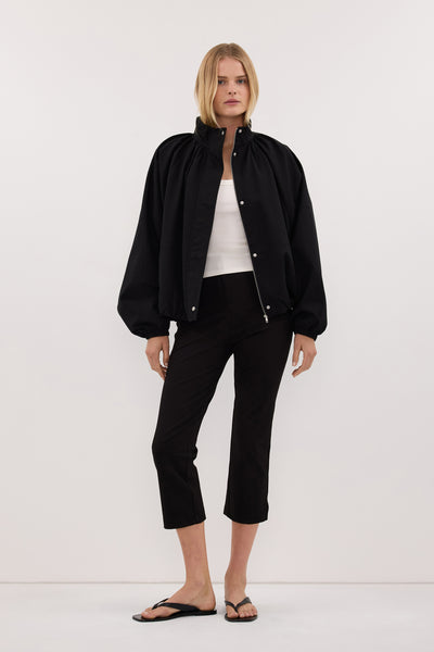 Zoe wearing OAKLEE BLACK BATWING LIGHTWEIGHT JACKET