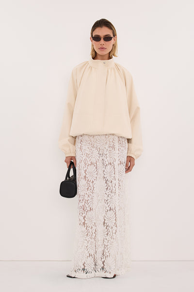 Joanna wearing OAKLEE OYSTER BATWING LIGHTWEIGHT JACKET