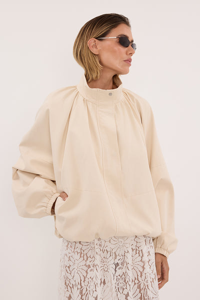 Joanna wearing OAKLEE OYSTER BATWING LIGHTWEIGHT JACKET