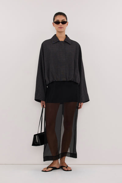 Aude wearing MARCO GREY PLAID BOMBER JACKET