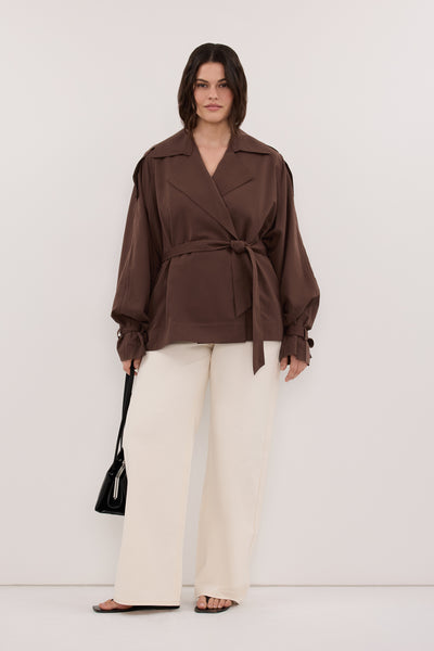 Jasmine wearing NINA MILK CHOC LIGHTWEIGHT MINI TRENCH