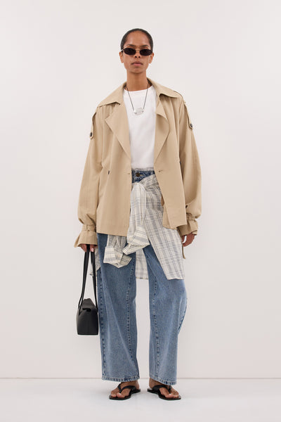 Kristen wearing NINA STONE LIGHTWEIGHT MINI TRENCH