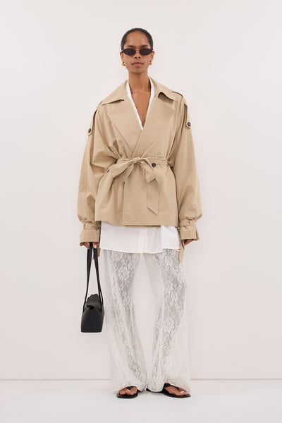 Kristen wearing NINA STONE LIGHTWEIGHT MINI TRENCH