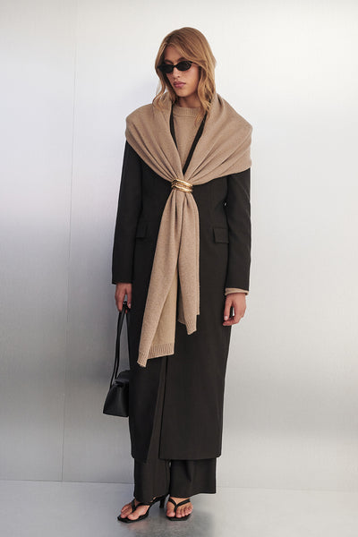 Yulia wearing MONIQUE PEAT LONGLINE BLAZER COAT