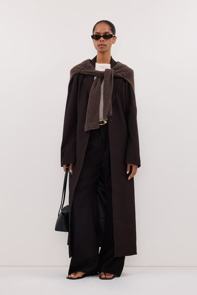 Kristen wearing MONIQUE PEAT LONGLINE BLAZER COAT