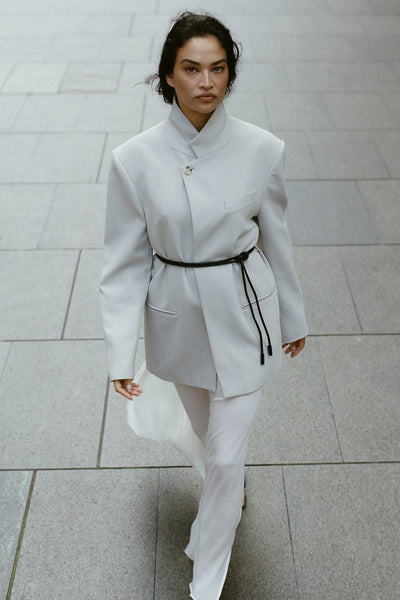 Shanina wearing VIDA MUSHROOM STAND COLLAR BLAZER
