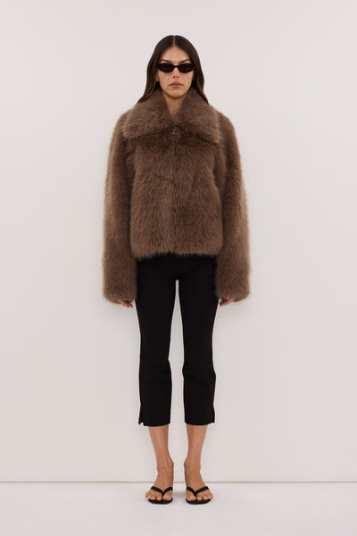 Helena  wearing MIMI LATTE FAUX FUR JACKET