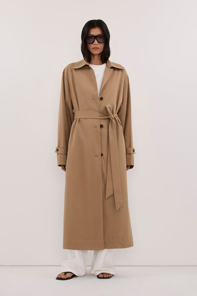 Zoey wearing KAELA TAN LIGHTWEIGHT TRENCH COAT