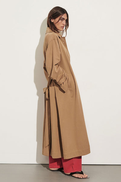 Sofia wearing KAELA TAN LIGHTWEIGHT TRENCH COAT