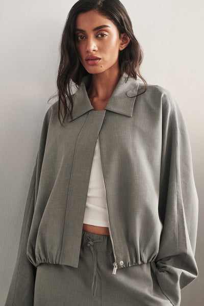 Anaya wearing KENDALL STEEL GREY BOMBER JACKET
