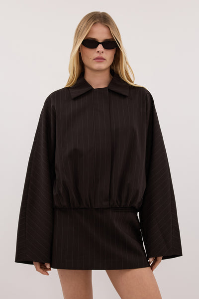 Zoe wearing SIAN PEAT PINSTRIPE BOMBER JACKET