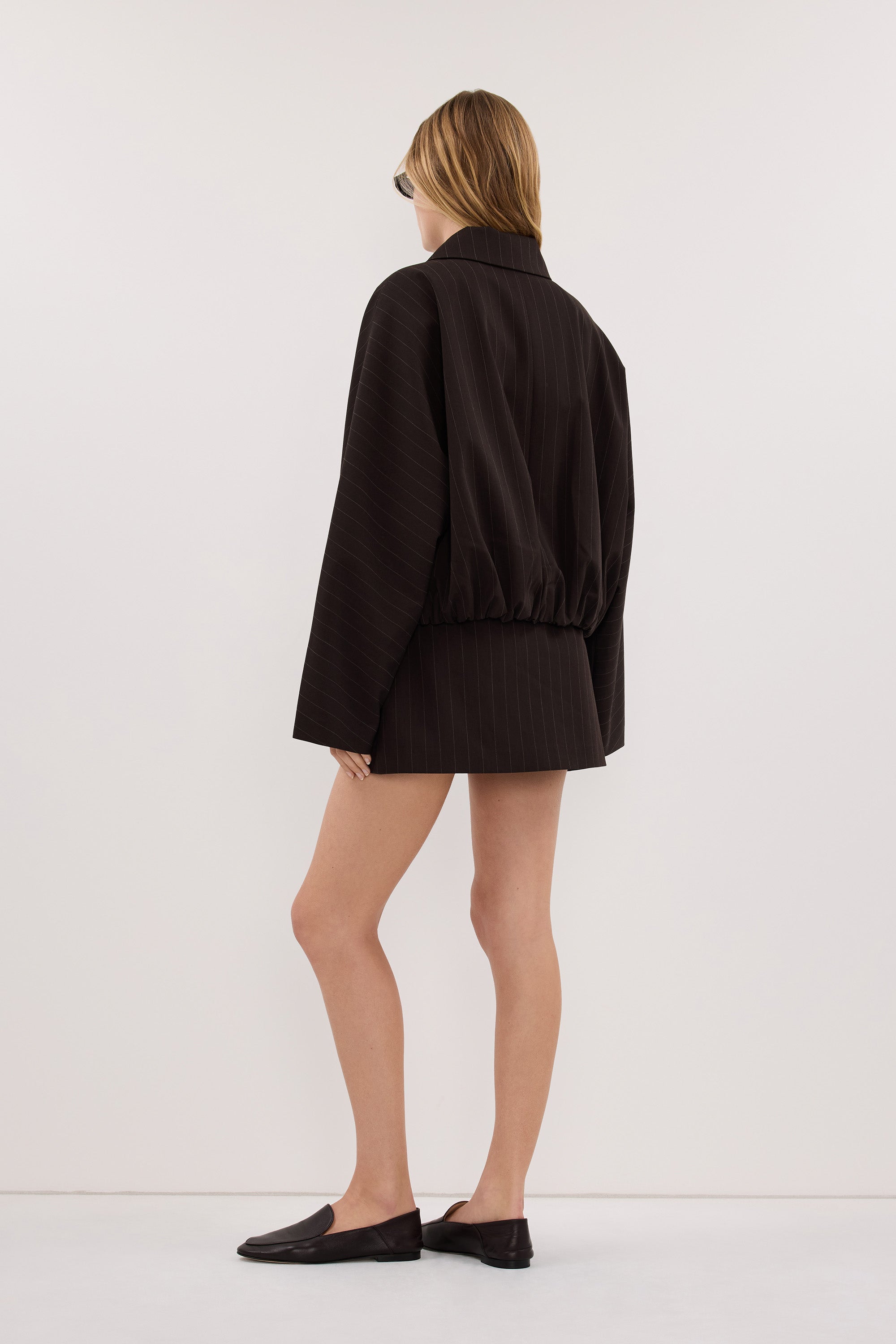 SIAN PEAT PINSTRIPE BOMBER JACKET