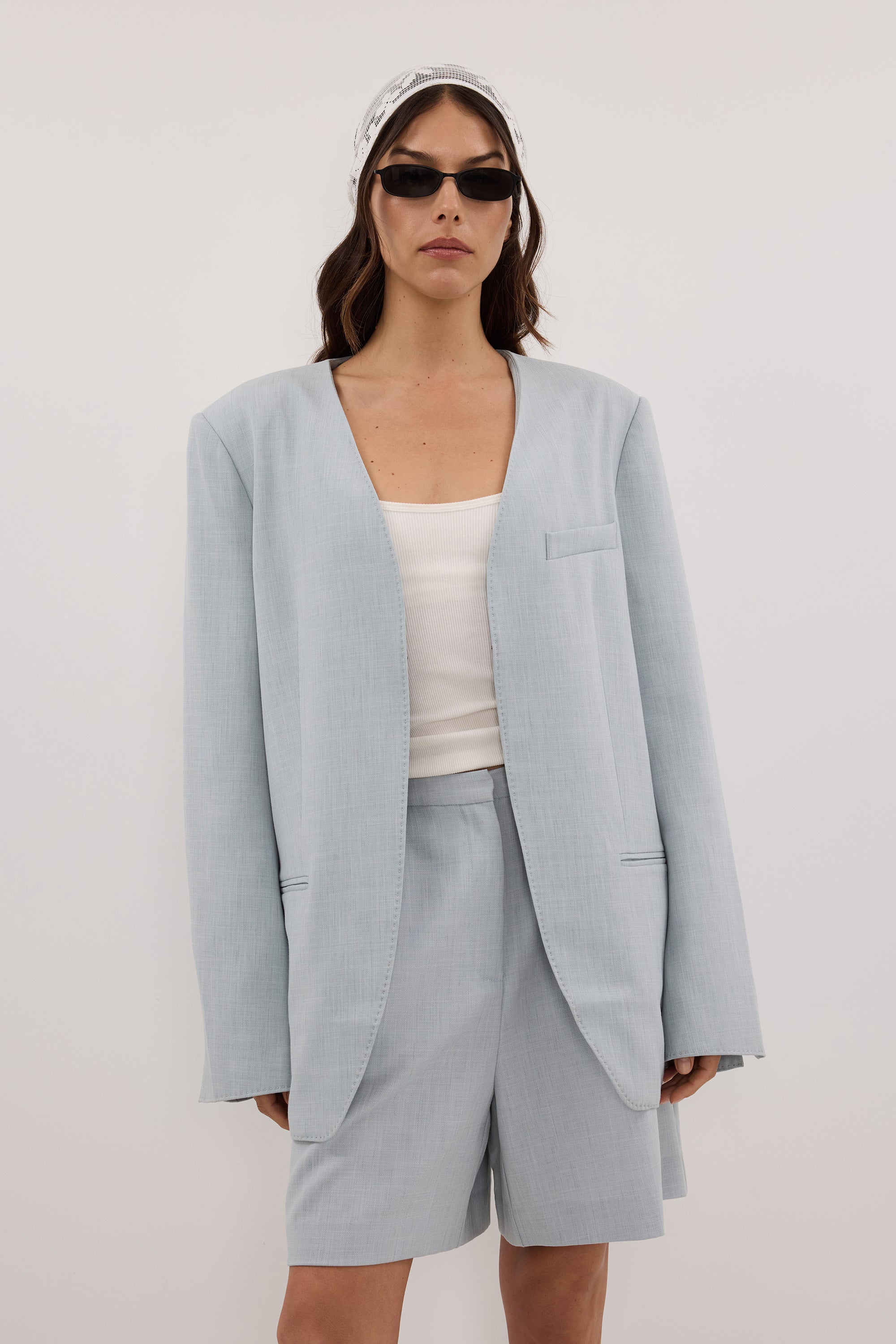 HALINA MINERAL BLUE COLLARLESS BLAZER - PRE ORDER
