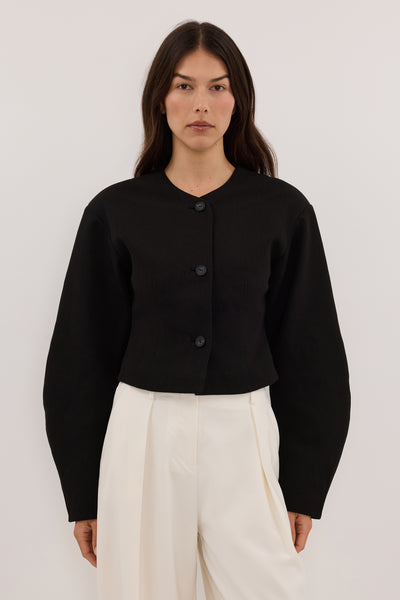 Helena  wearing ROSALIE BLACK CROPPED JACKET