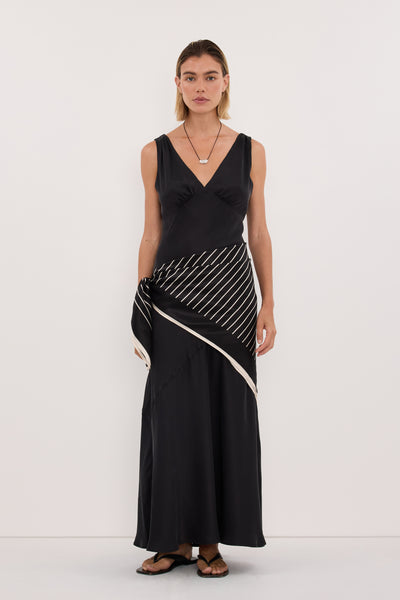 Joanna wearing ADRIENNE BLACK SILK PRINT SCARF
