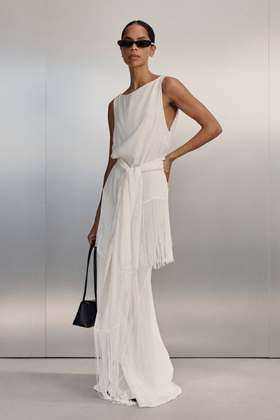 Kristen wearing FIORA WHITE CUPRO FRINGE SCARF