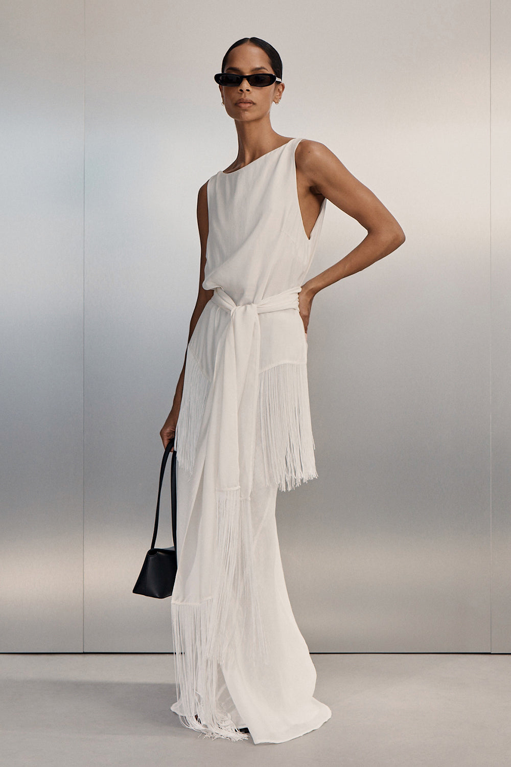 Fiora Cupro Fringe Scarf in White By DISSH