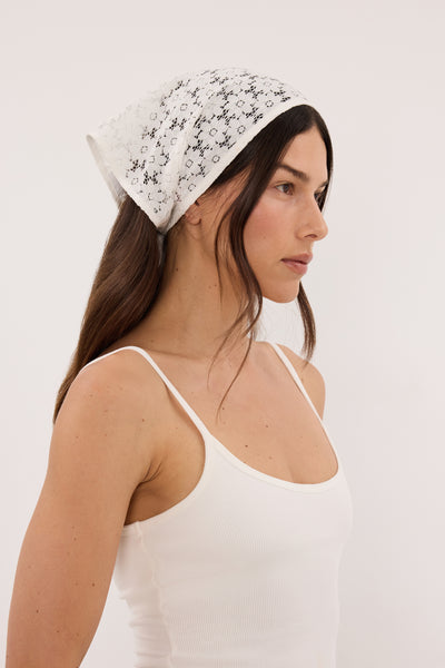 Helena  wearing RENATA WHITE LACE HEAD SCARF