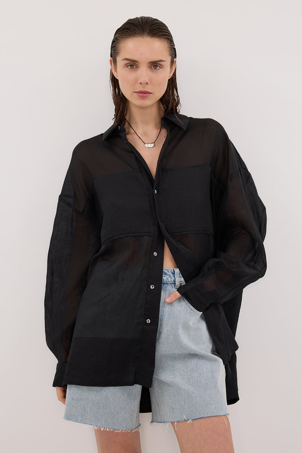 KAI BLACK OVERSIZED RAMIE LONG SLEEVE SHIRT