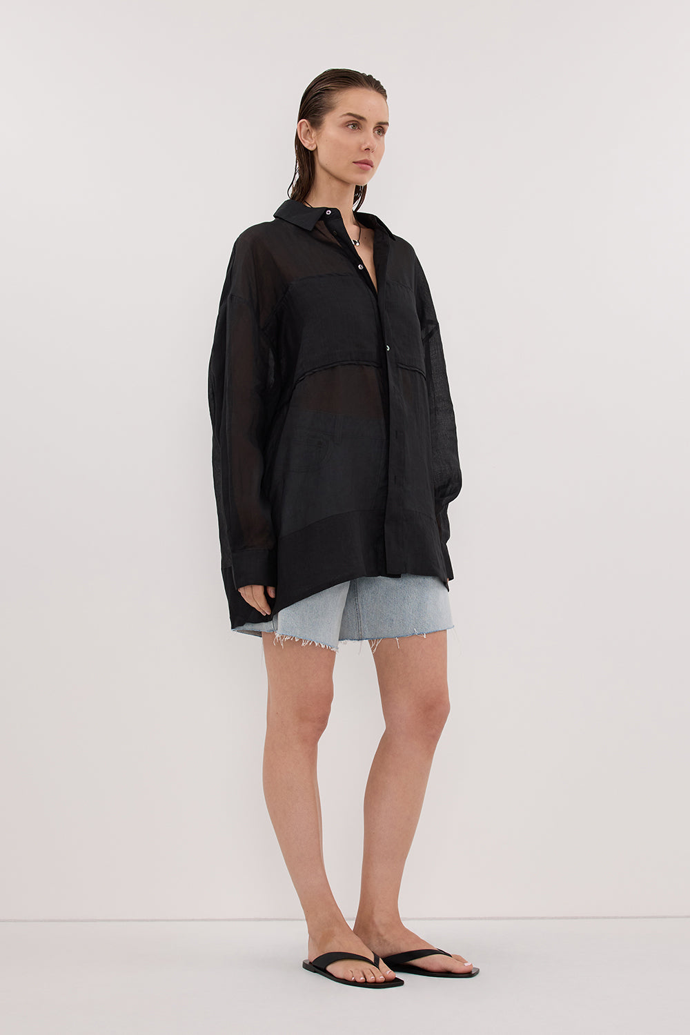 KAI BLACK OVERSIZED RAMIE LONG SLEEVE SHIRT