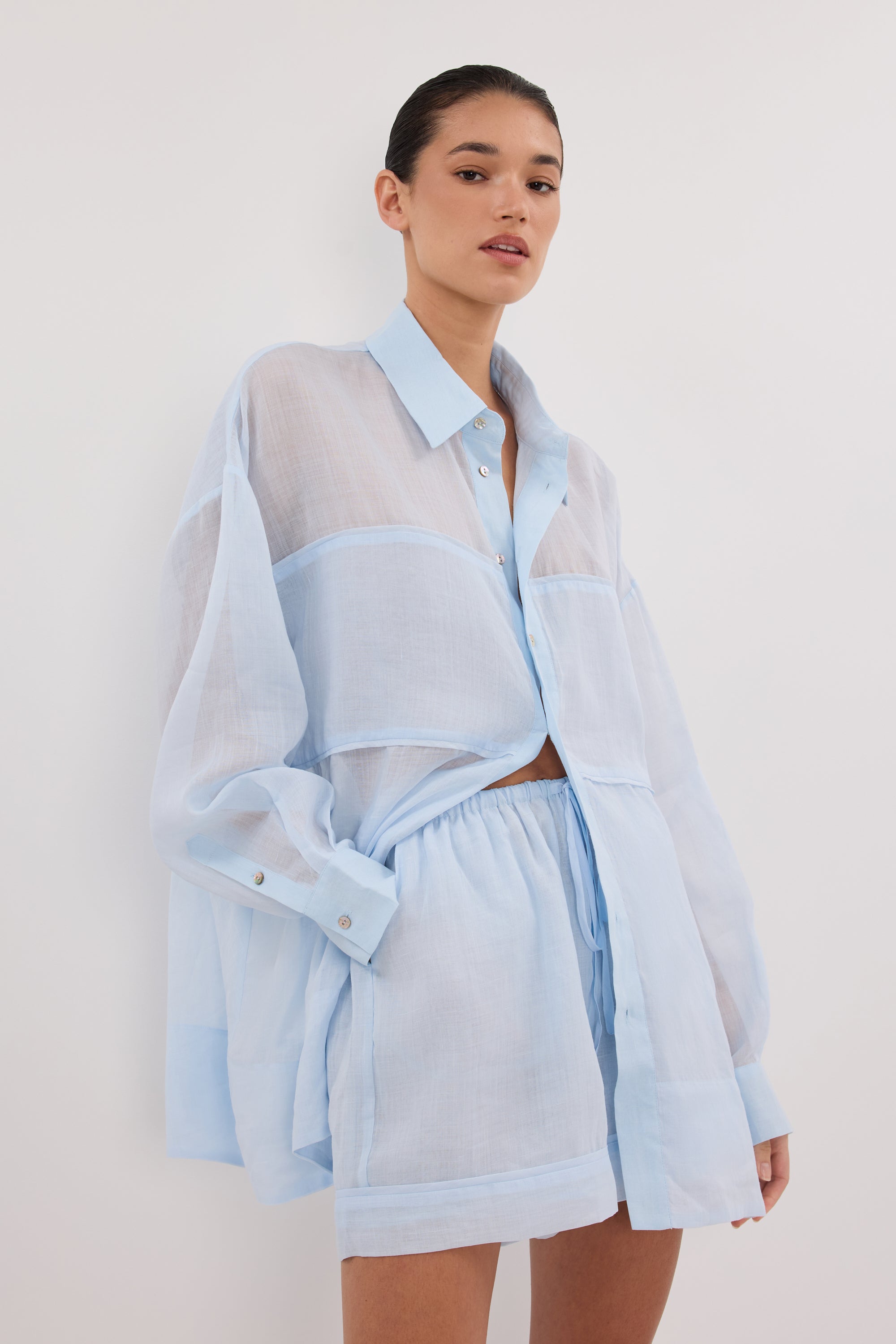 Kai Oversized Ramie Long Sleeve Shirt in Blue By DISSH | Matching Set Kai Oversized Ramie Long Sleeve Shirt in Blue By DISSH | Matching Set