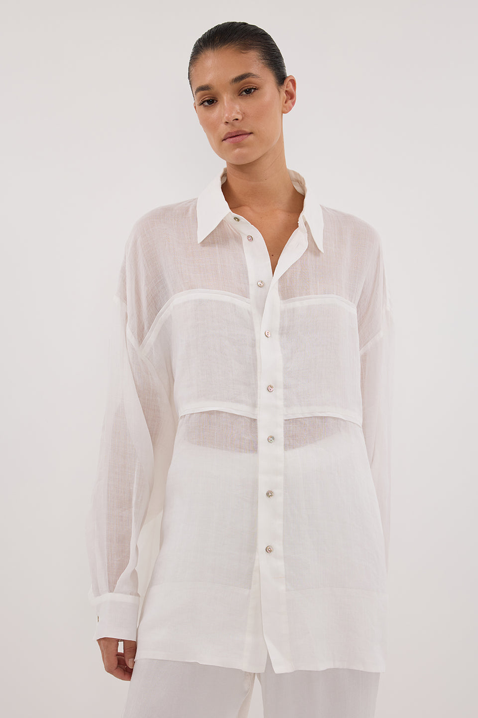 KAI WHITE OVERSIZED RAMIE LONG SLEEVE SHIRT