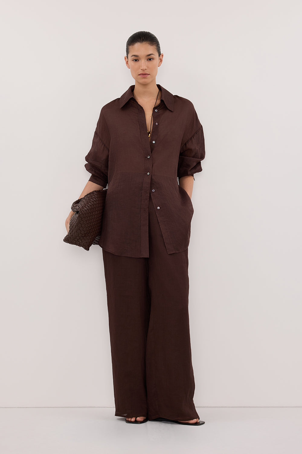 GINNY BURNT CHOC LONG SLEEVE RAMIE SHIRT