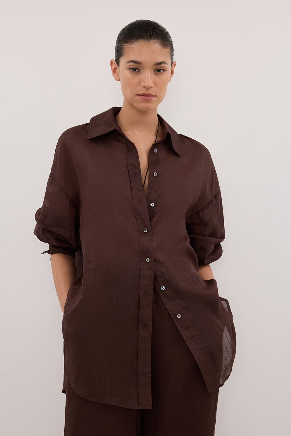 GINNY BURNT CHOC LONG SLEEVE RAMIE SHIRT