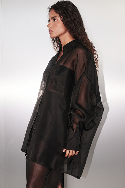 Keilani wearing SIAN BLACK SILK ORGANZA SHIRT