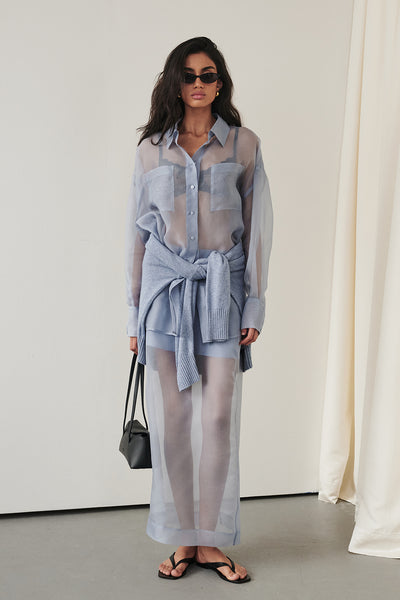 Anaya wearing SIAN DUSTY BLUE SILK ORGANZA SHIRT