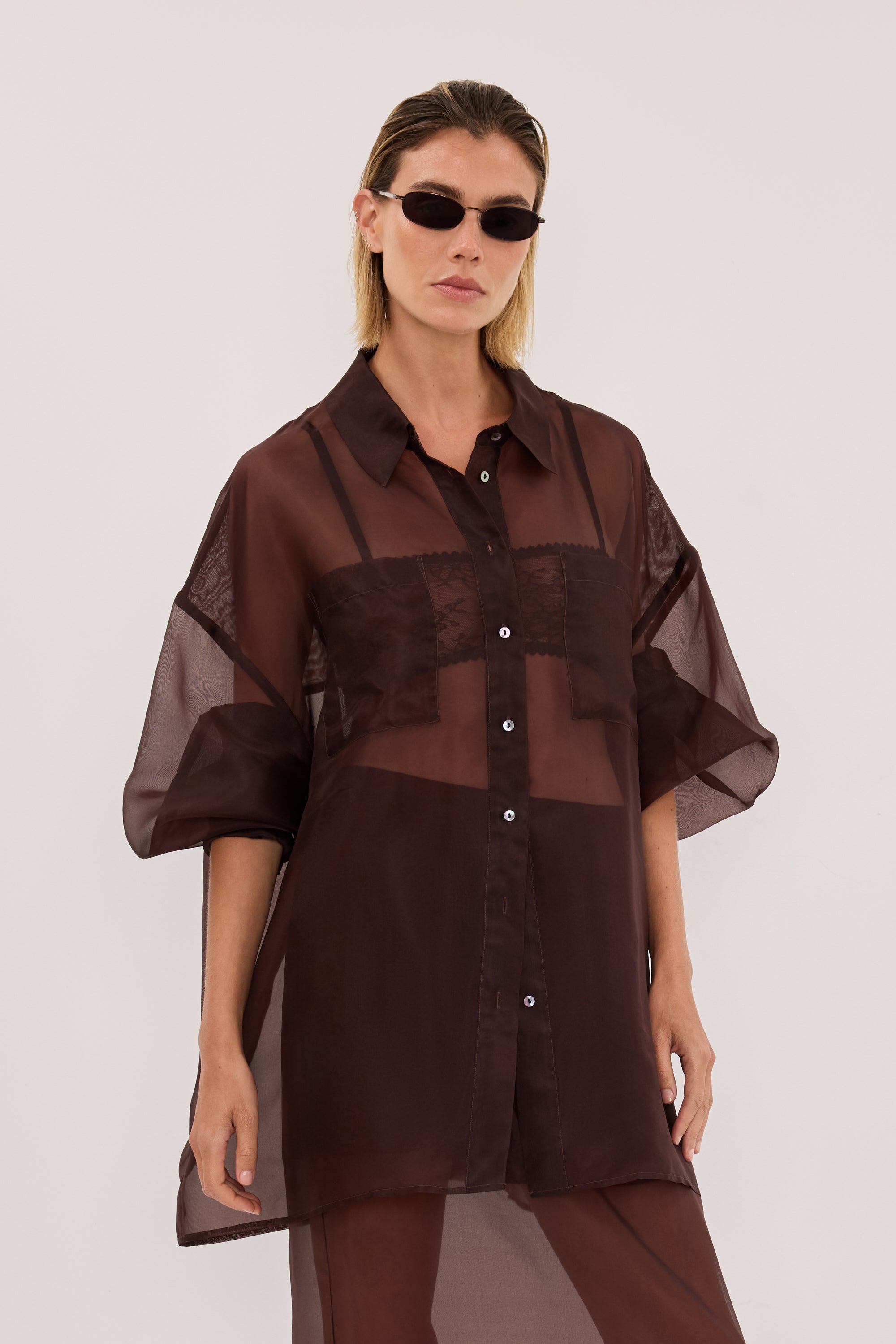 SIAN DARK CHOC SILK ORGANZA SHIRT