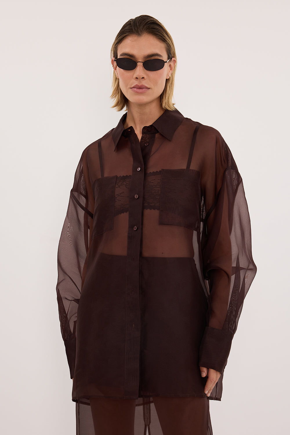 SIAN DARK CHOC SILK ORGANZA SHIRT