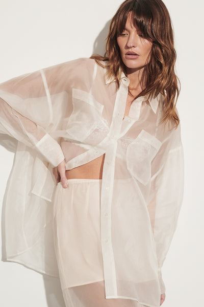 Montana wearing SIAN IVORY SILK ORGANZA SHIRT
