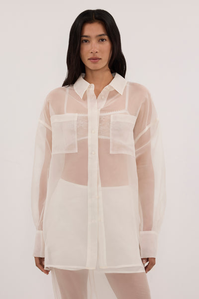 Zoey wearing SIAN IVORY SILK ORGANZA SHIRT