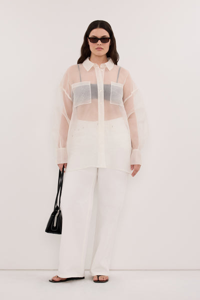 Jasmine wearing SIAN IVORY SILK ORGANZA SHIRT