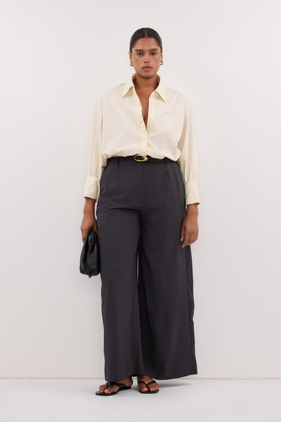 Amanda wearing SIAN CREAM PINSTRIPE LONG SLEEVE SHIRT