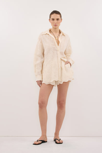 Stas wearing CORDELIA SANDSTONE RAMIE SHIRT