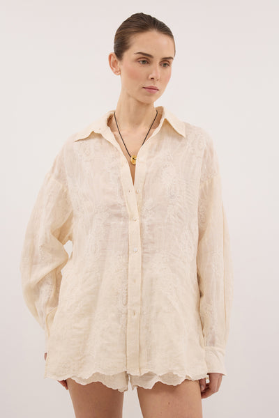 Stas wearing CORDELIA SANDSTONE RAMIE SHIRT