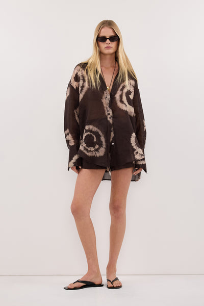 Zoe wearing AURA DARK CHOC TIE DYE RAMIE SHIRT