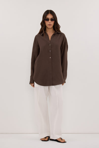 Helena  wearing CALIA MILK CHOCOLATE RELAXED SHIRT