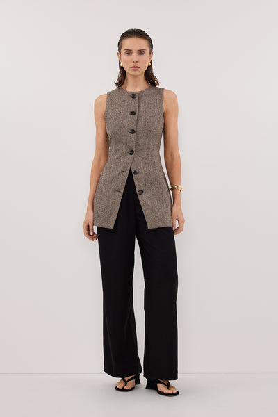 Stas wearing FRANKIE CHOC TWEED TUNIC VEST