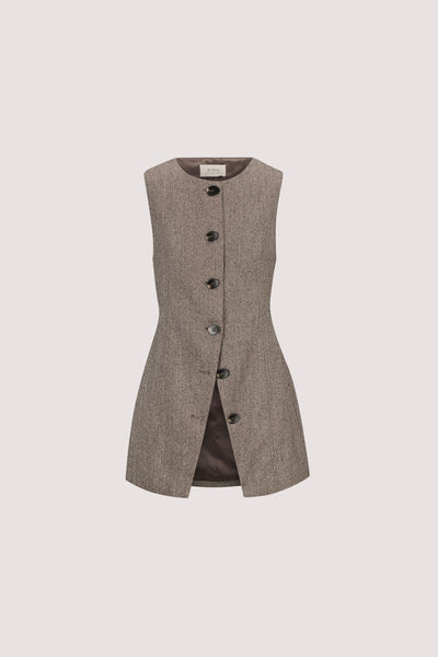 Joanna wearing FRANKIE CHOC TWEED TUNIC VEST