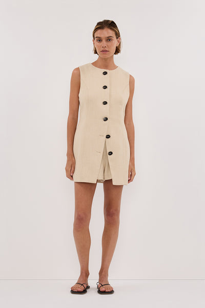 Joanna wearing FRANKIE OAT TWEED TUNIC VEST