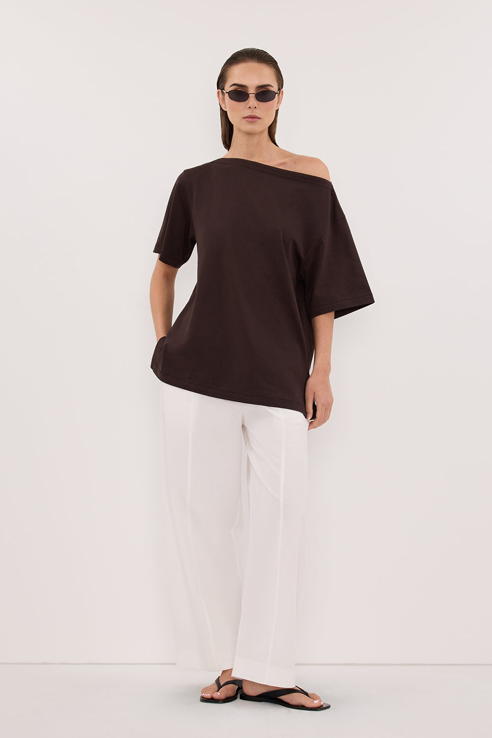 ESME BITTER CHOC ASYM BOAT NECK TEE
