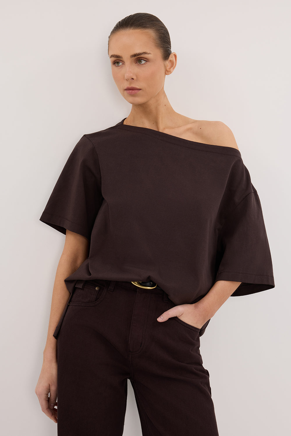 ESME BITTER CHOC ASYM BOAT NECK TEE