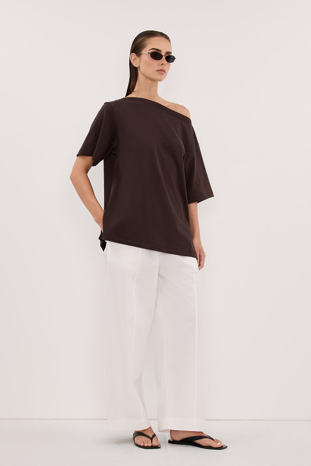 ESME BITTER CHOC ASYM BOAT NECK TEE