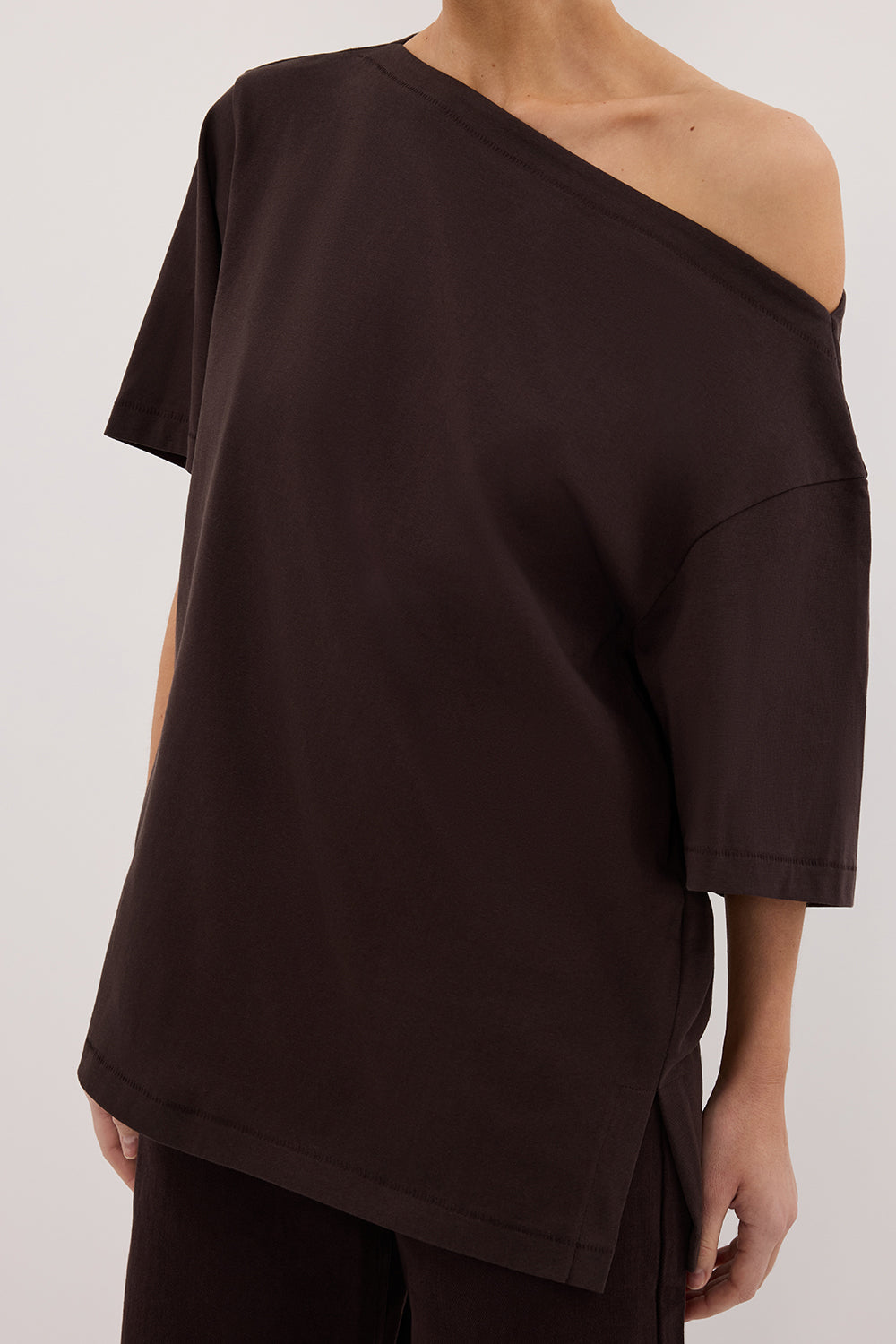 ESME BITTER CHOC ASYM BOAT NECK TEE
