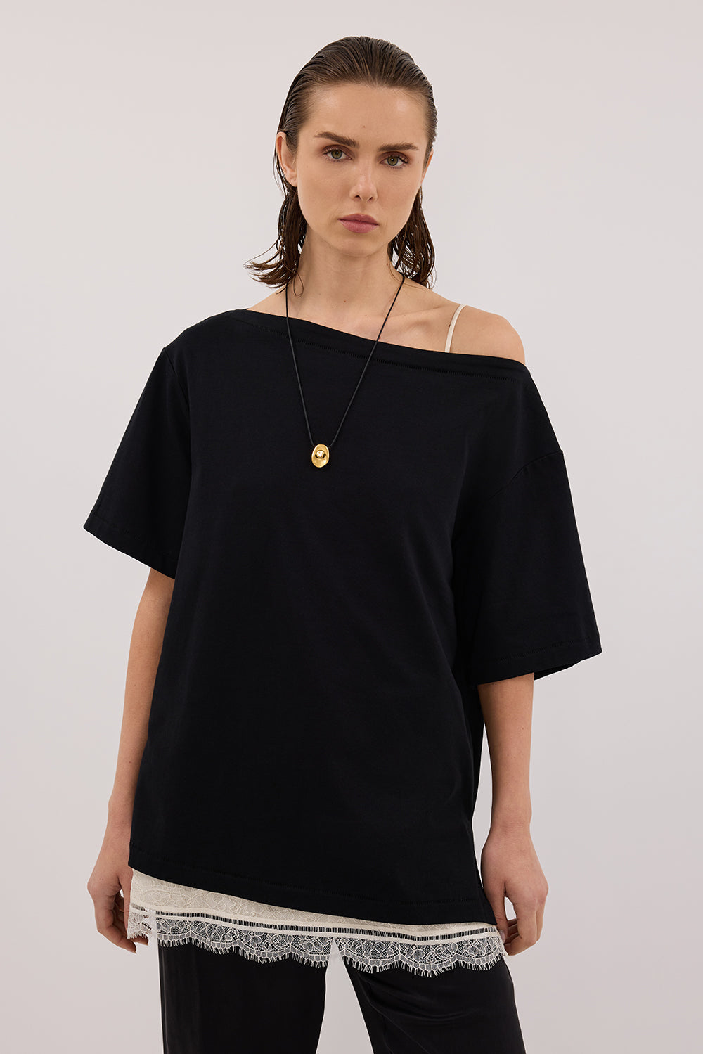 ESME BLACK ASYM BOAT NECK TEE