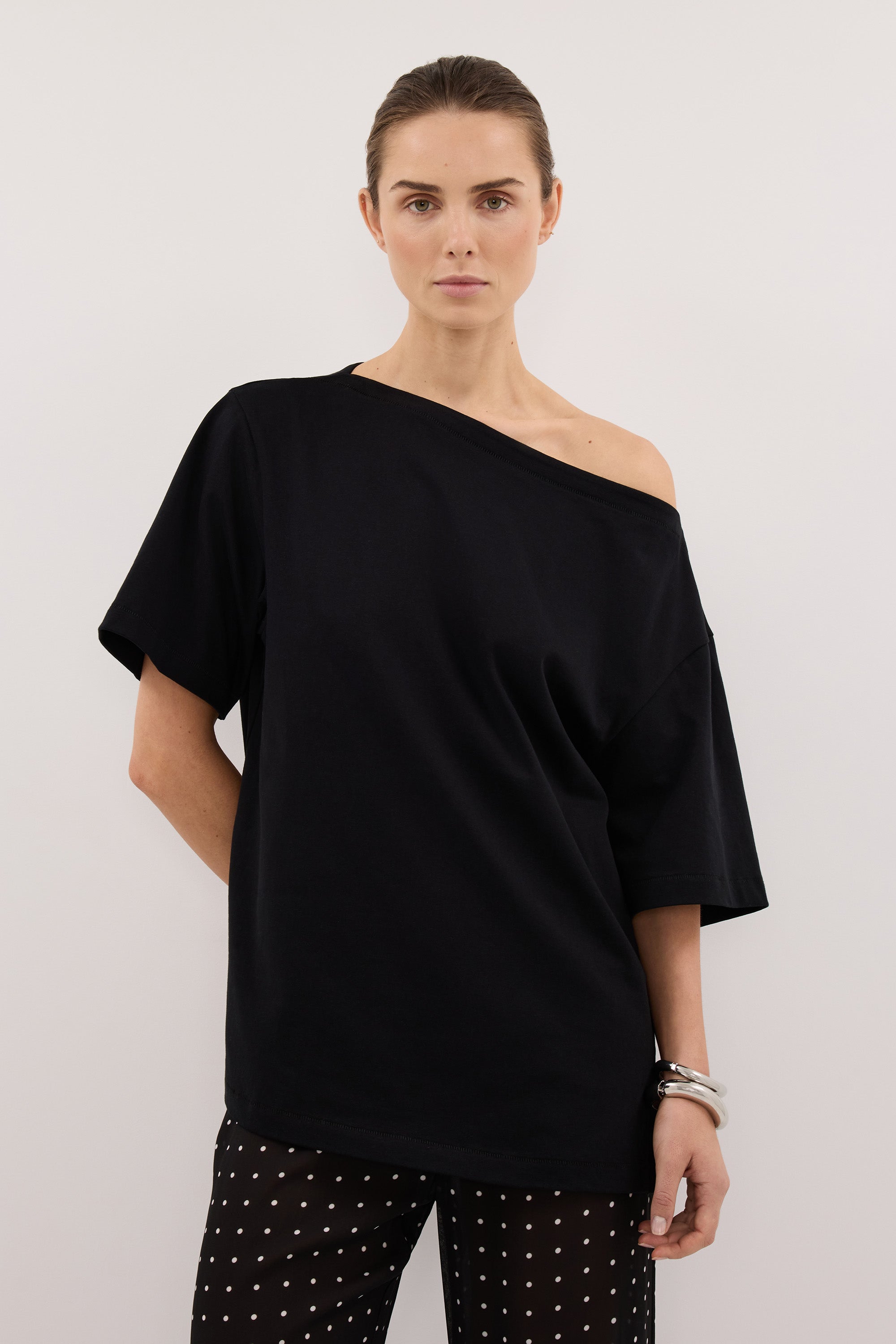ESME BLACK ASYM BOAT NECK TEE