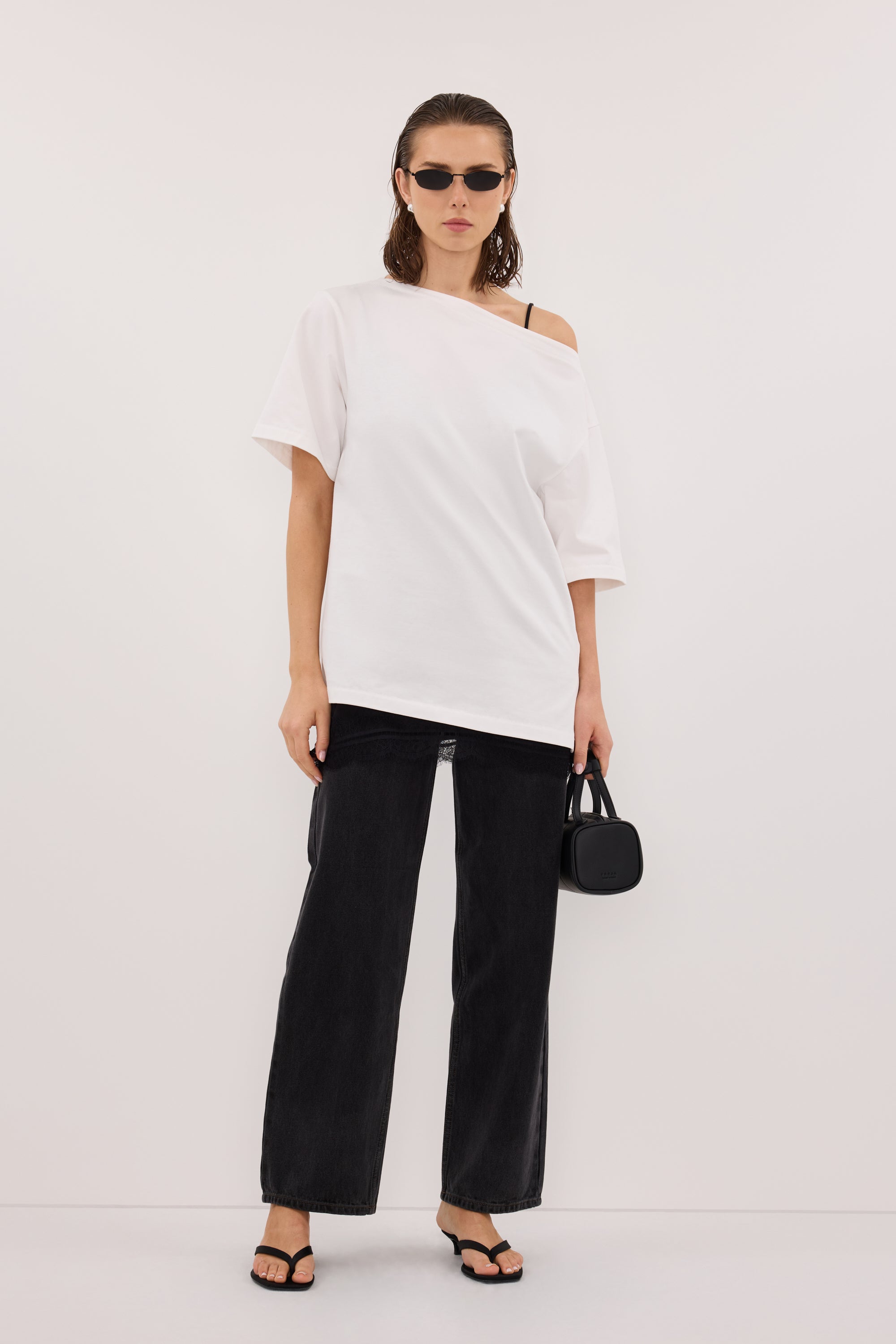 ESME WHITE ASYM BOAT NECK TEE